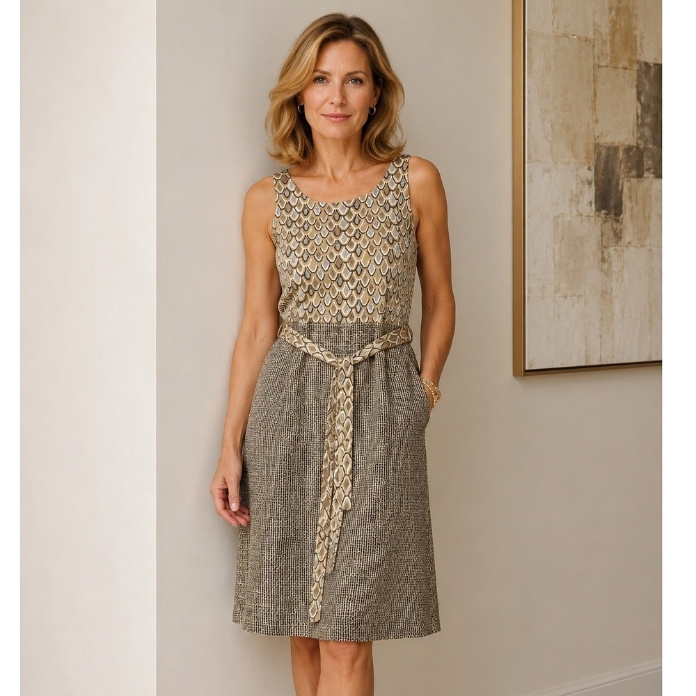 St John Collection Knit Dress Tan Scalloped Tweed Belted Sleeveless Sz 4